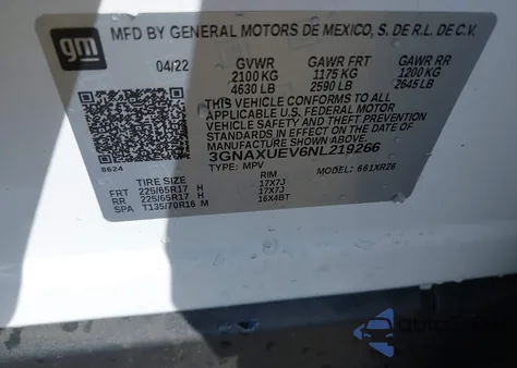 2022 Chevrolet Equinox Awd Lt из США, поврежденный, VIN 3GNAXUEV6NL219266